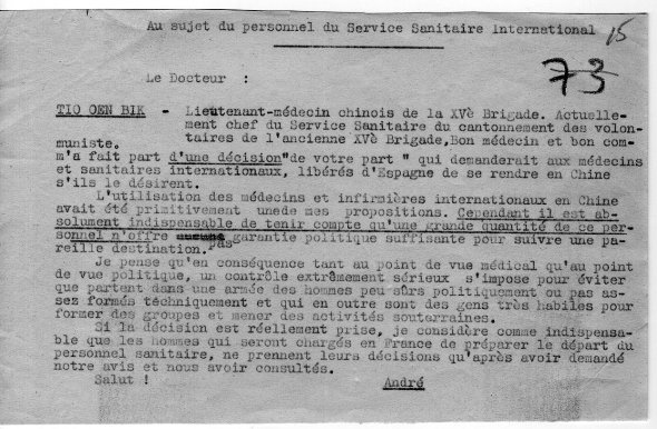 Brief van Andre Marty over Tio Oen Bik